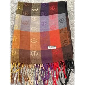 Pashmina Silk Scarf Plaid Fringe Plaid Peace Sign Fashion Scarf 74X28
